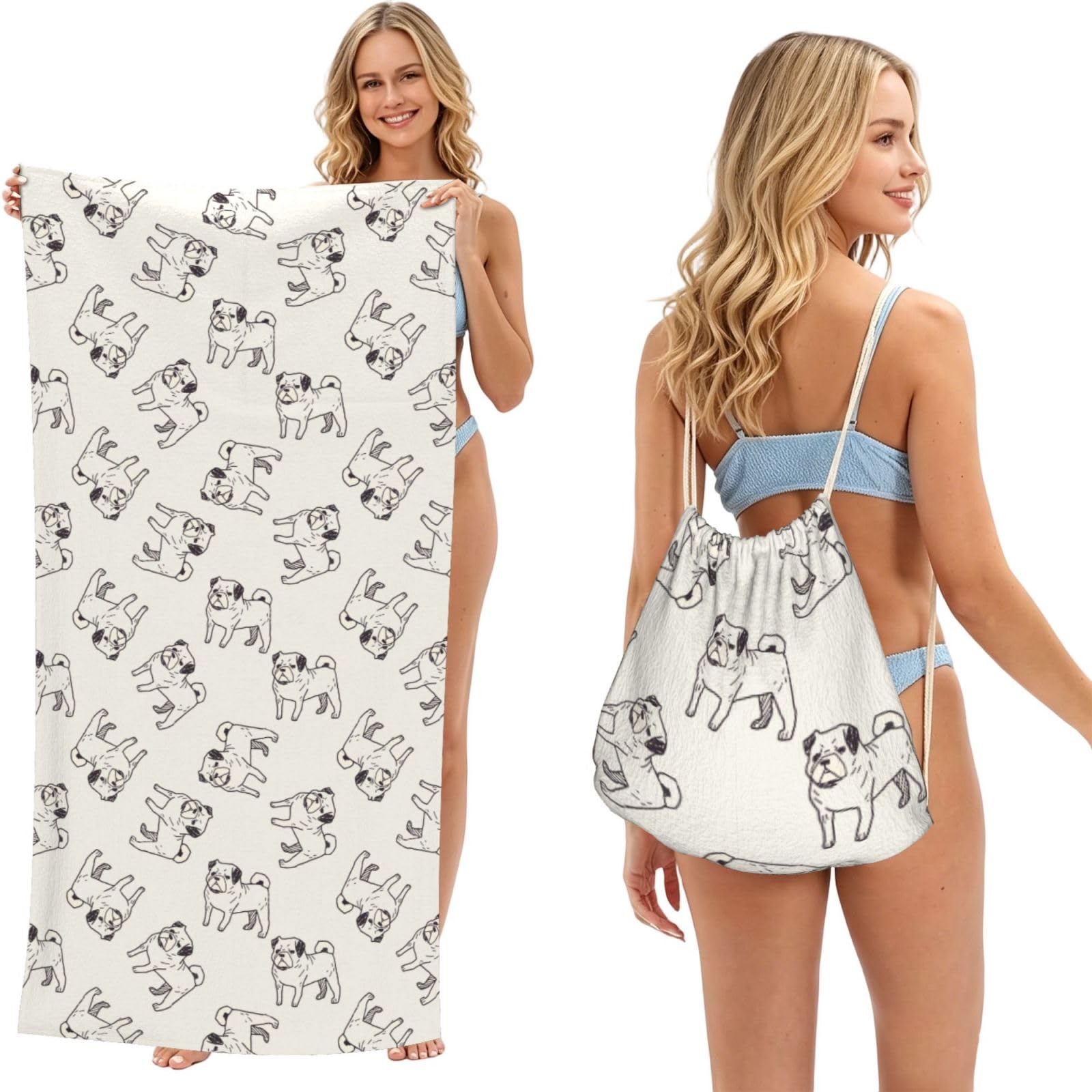 Poadnly As Picture Dog Doodle Pattern, 2 In 1 Packable Towel Bag, Beach Towels With Drawstring Backpack For Travel Holiday Camping