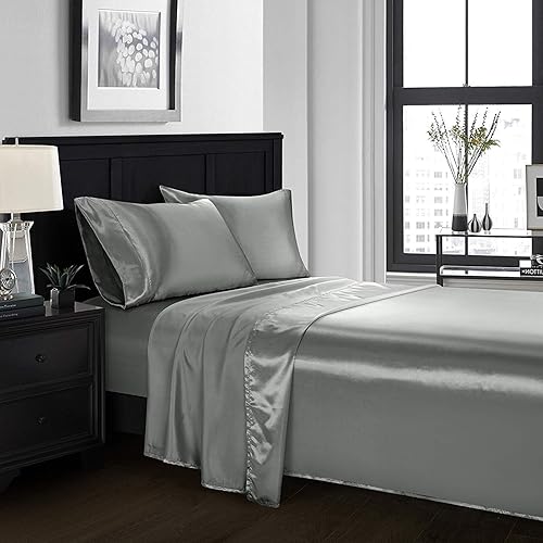 4 piezas de sábanas de satén 100% seda pura, lujosa colección de ropa de cama ultrasuave y suave, 19 pulgadas de profundidad, 1 sábana bajera, 1