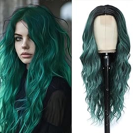 Long Green Wig for Women 26Inch Wavy Curly Ombre Green Hair Wigs Synthetic Hair Replacement Wig Heat Resistant Hair Wig for Daily Party Use(26\'\' green)