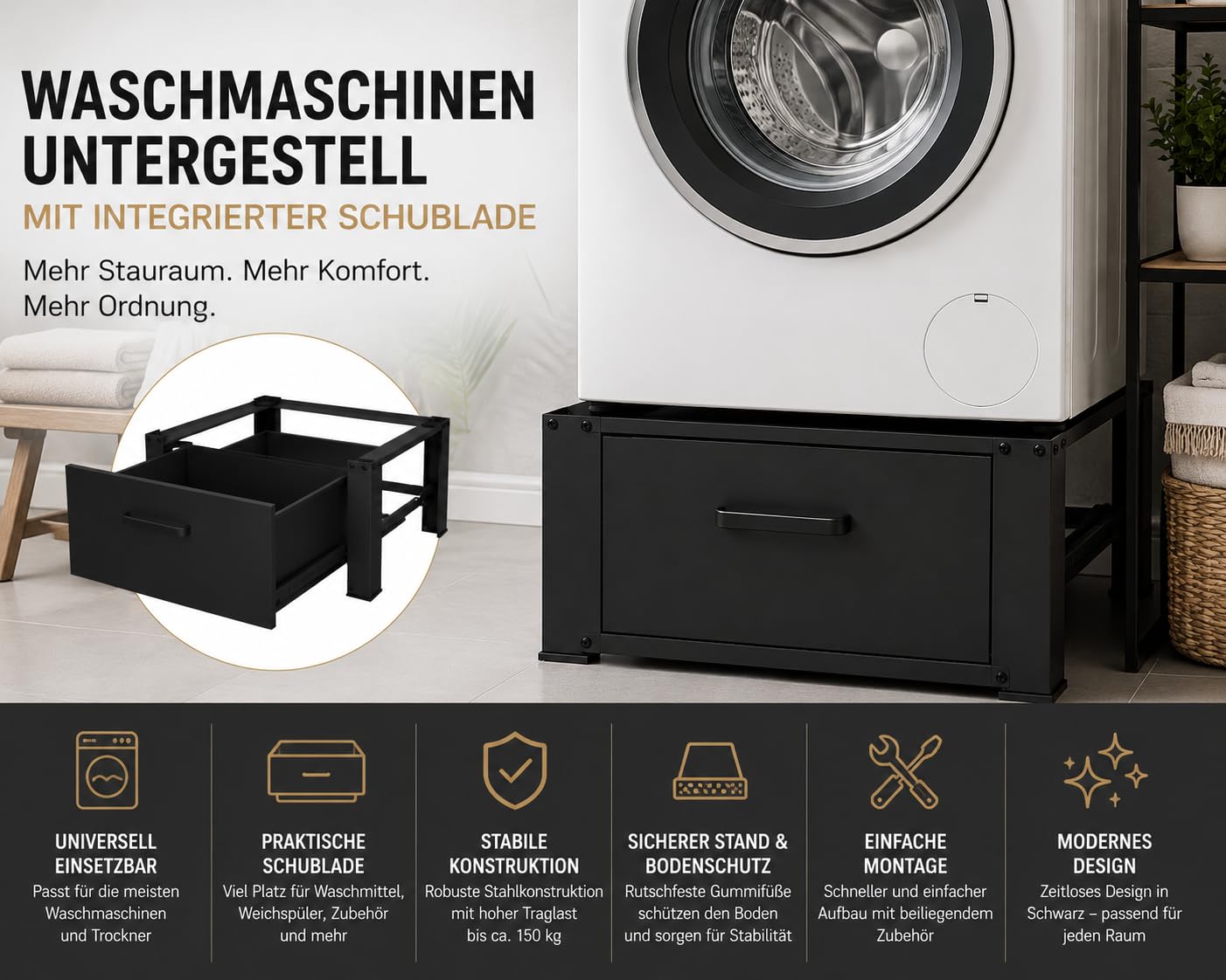 Easy Act Waschmaschinen Untergestell mit Schublade, Waschmaschinen Podest 63x54 cm, Waschmaschinen Sockel aus Stahl bis 150 kg, Unterbau für Waschmaschine & Trockner, Erhöhung 31,5 cm, Schwarz