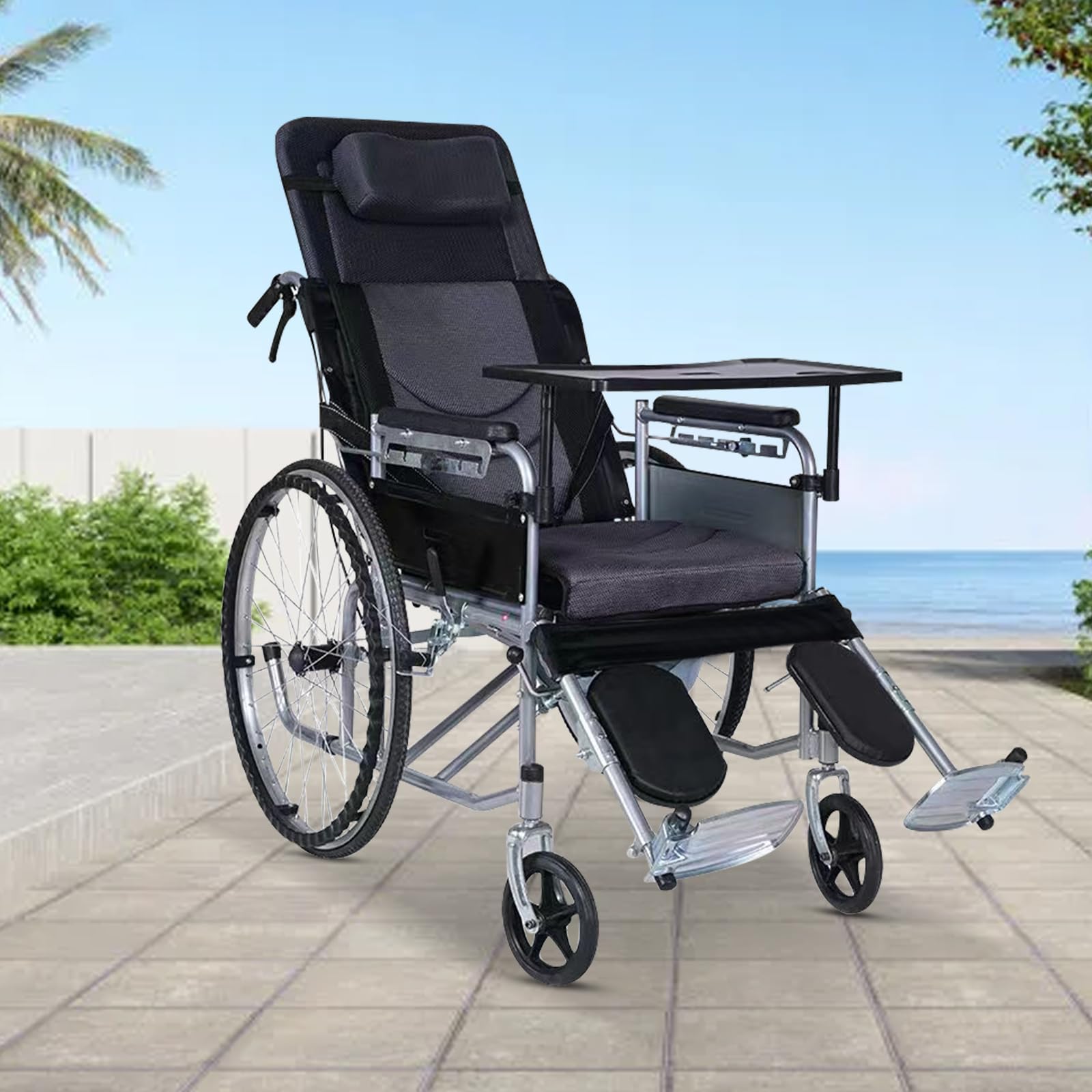 Silla de Ruedas Plegable Ligera - Silla de Viaje de Aluminio Totalmente reclinable y Ajustable - Asiento de 45 cm para Adultos, Personas bariátricas y Personas Mayores - Capacidad de 118 kg