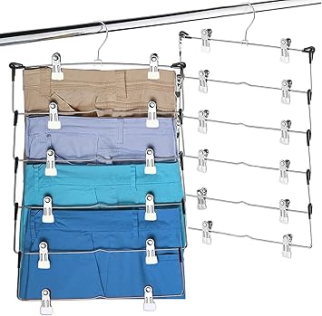 Homa Jia 6 Tier Shirt Hangers with Clips,Strong & Durable Chrome Metal Pant Hangers Space-Saving Hangers, Multi Hanger for Trousers with Non Slip & Adjustable Clip, Hang Pant & Jean (4 Pack)