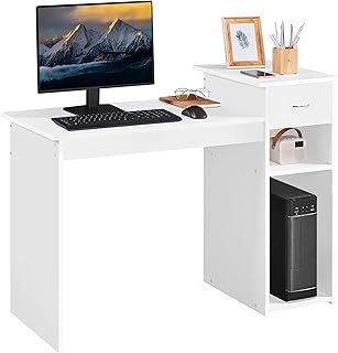 Small White Computer Desk, Compact Study PC Laptop Table Workstation with Drawer and Shelf for Home Office