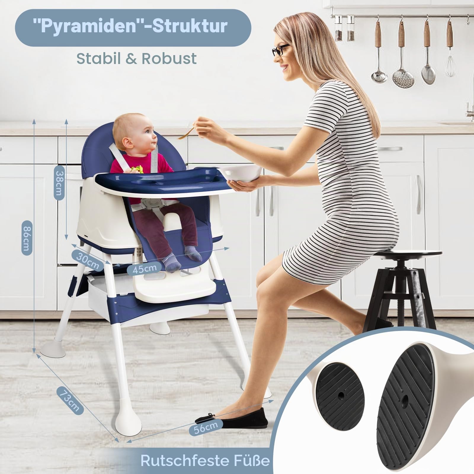 Aufun Kinderhochstuhl Klappbarer 4in1, Multifunktionaler Verstellbar, Baby Hochstuhl mit Tablett Abnehmbares und Rollen, Kinderhochstuhl Kombinierbarer mit 5-Punkt-Gurt, Kinder Essstuhl, Blau