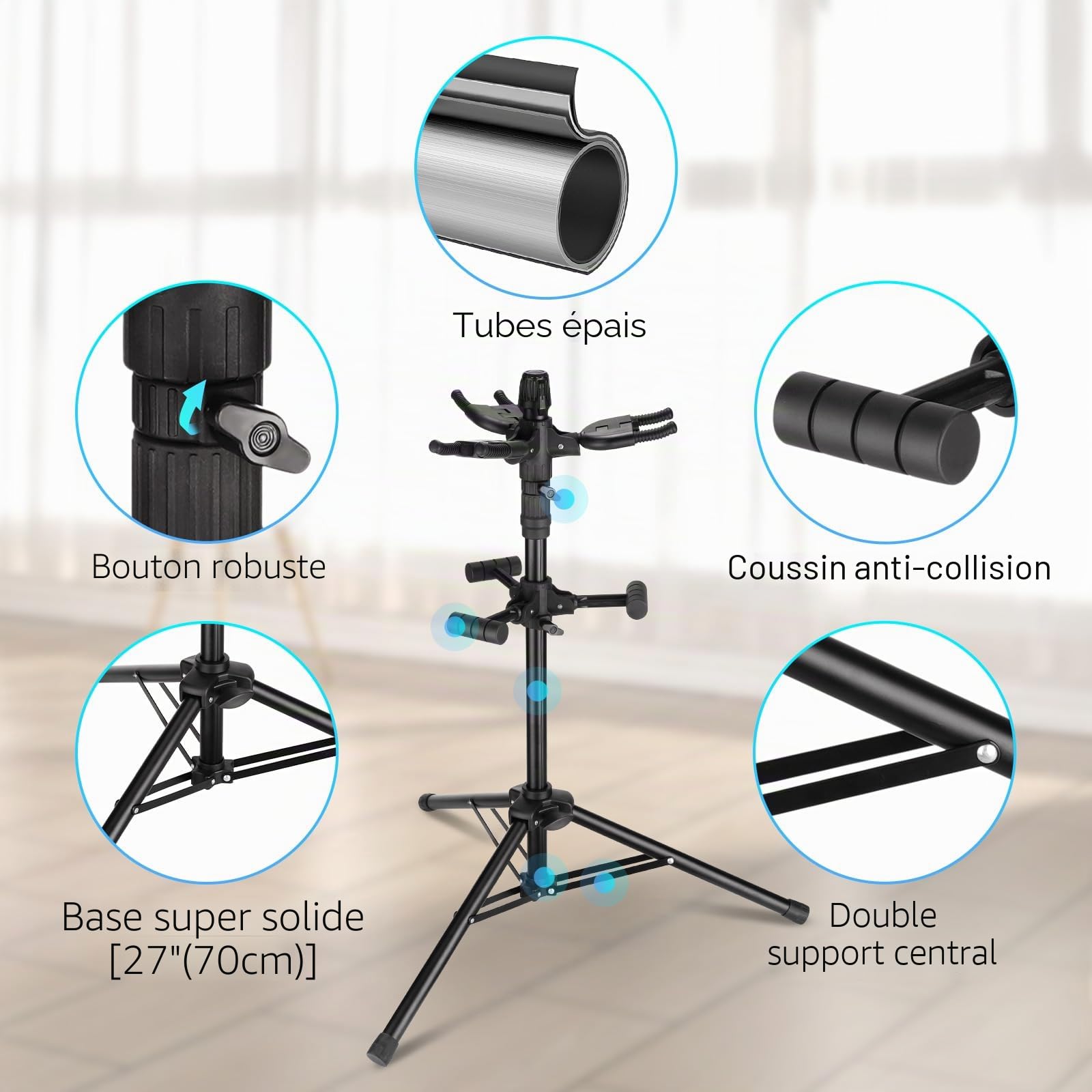 GUITTO Triple support de sol universel pour guitares acoustiques, électriques, basses, banjos, multi-guitares GGS-06T