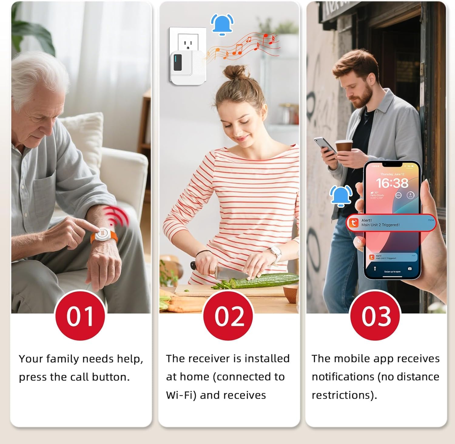 CallToU Pulsante di chiamata wireless Wi-Fi per caregiver per anziani a casa, allarme di emergenza APP per anziani, pazienti e disabili (TY01WH-US 2-1)