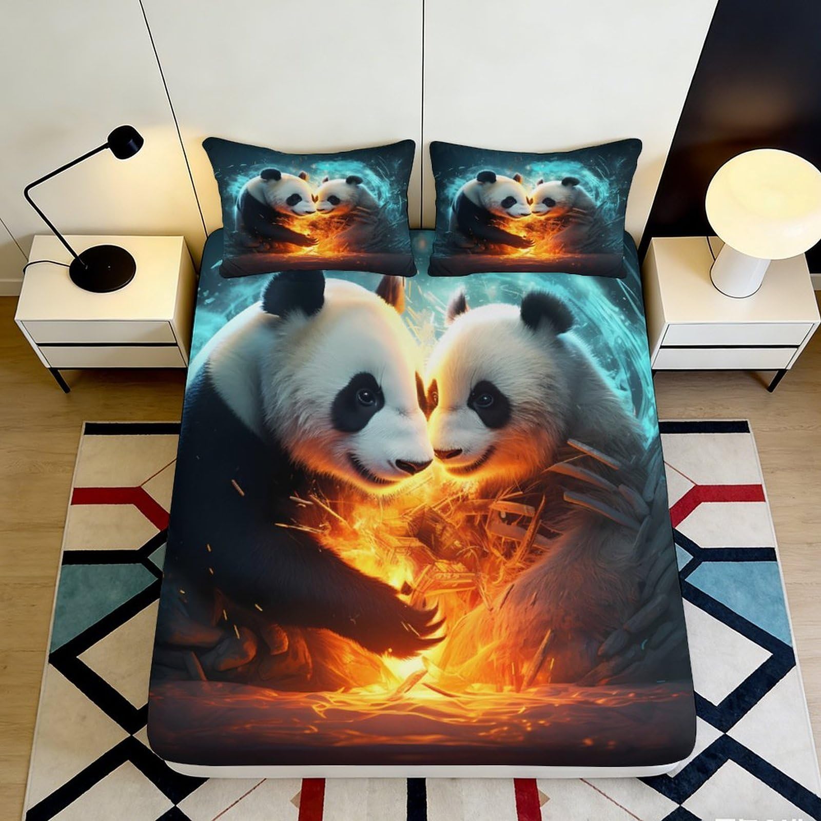 3D Printed Panda Fire Artwork Fitted Sheet Microfiber Soft Breathable Panda Flame Bed Cover for Bedroom Dormitory Guest Room Mattress Protection Decor 180x200x25cm