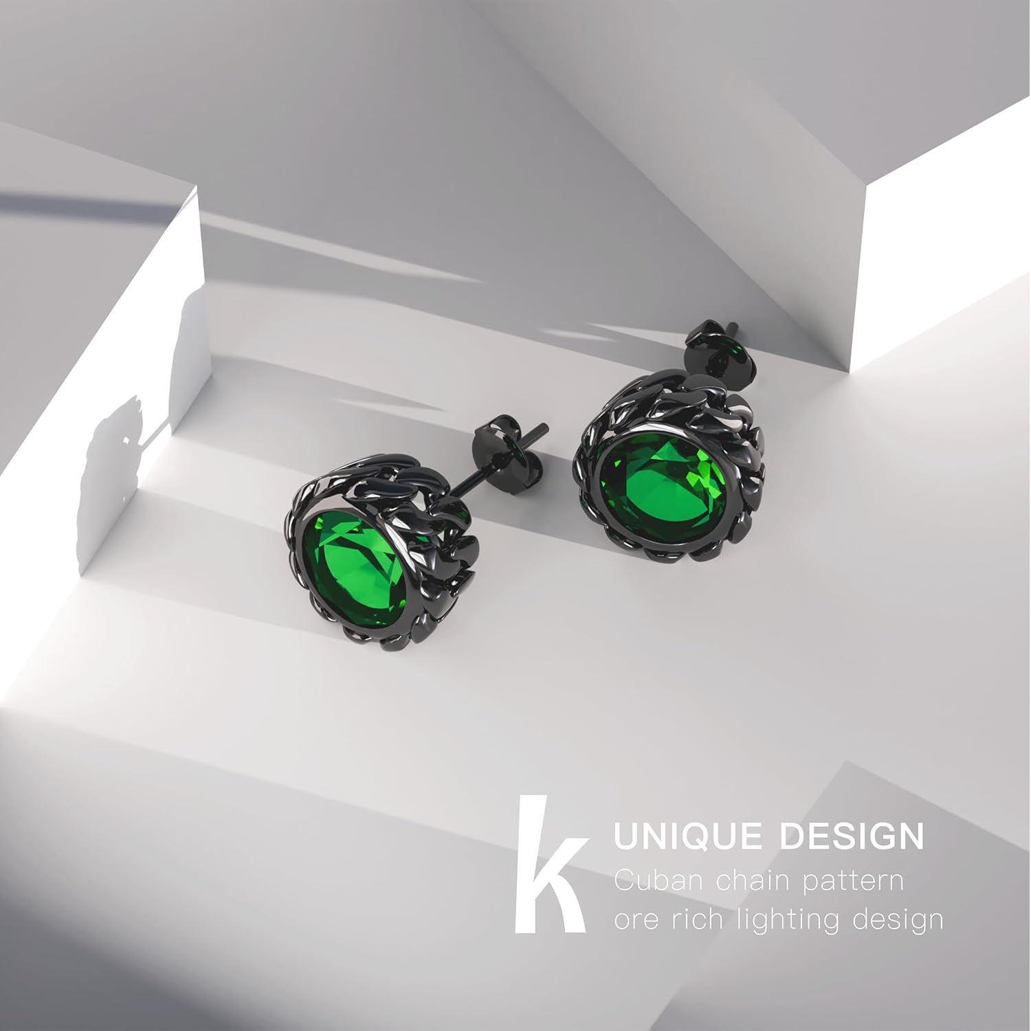 Black Studs Earrings for Men Cubic Zirconia Emerald Garnet Earrings for Women Unique Cuban Link Styled Hypoallergenic Jewelry - Image 2