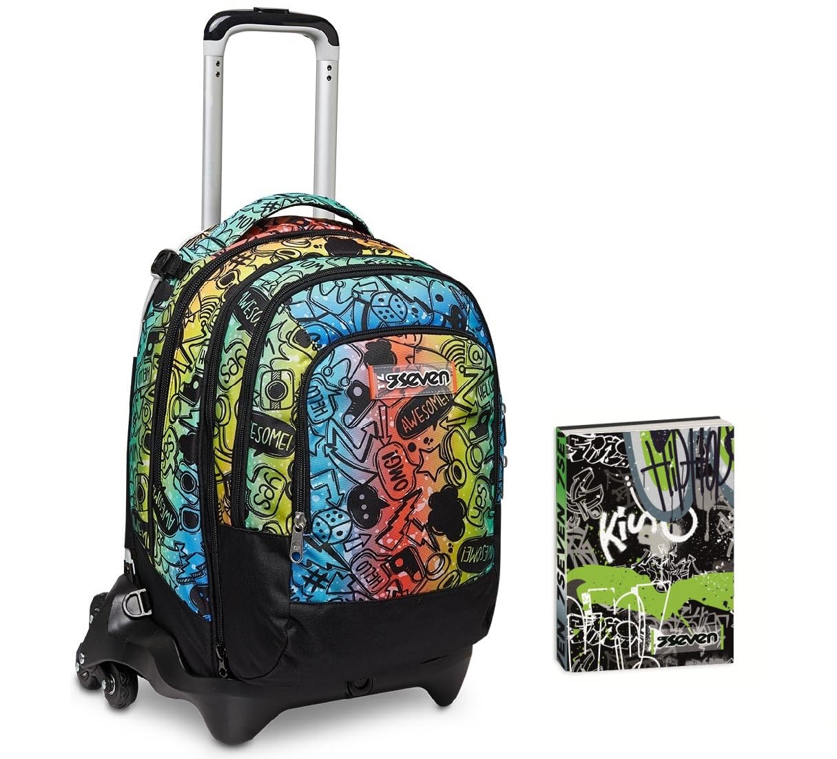 Trolley Scuola Seven JACK 3 RUOTE DETACH, FLUO STAMP, Multicolore, 3 in 1, CrossOver System, Maxi ruote, Ragazzo + Seven Diario Scuola 12 Mesi, Nero