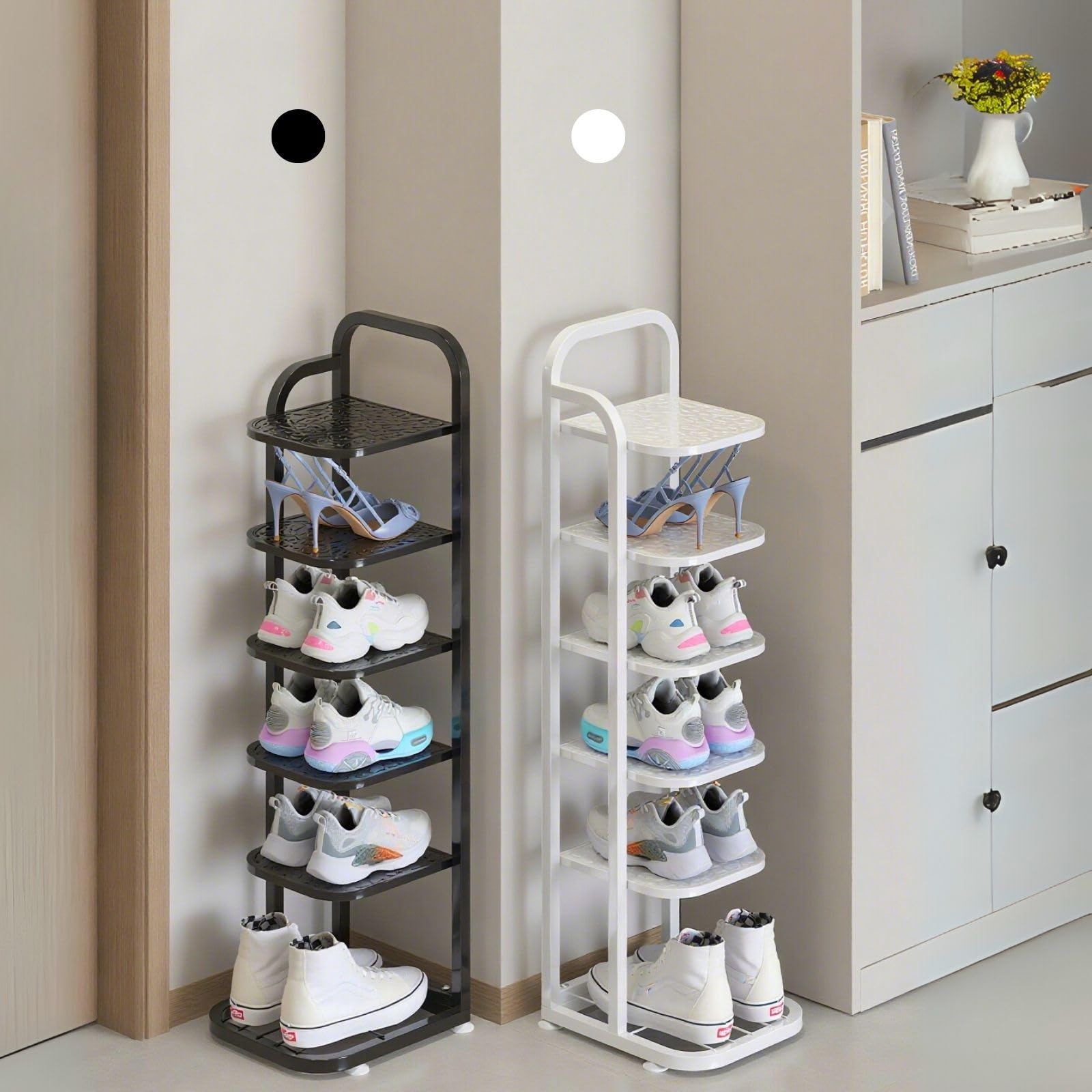 Scarpiera verticale in metallo a 5 ripiani, per spazi ristretti, soluzione perfetta per riporre l'ingresso e l'armadio, elegante bianco (79 cm) Zapateras