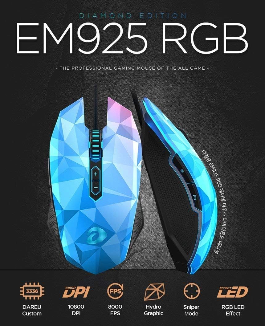 DAREU EM925 RGB Diamond Edition Gaming Mouse with key features highlighted