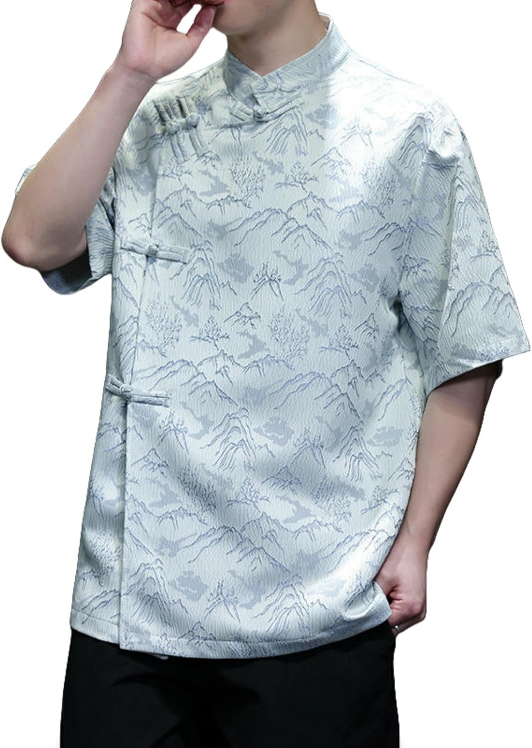 Men's Summer Chinese Style Trendy Retro Frog Button Jacquard Short Sleeve Shirt