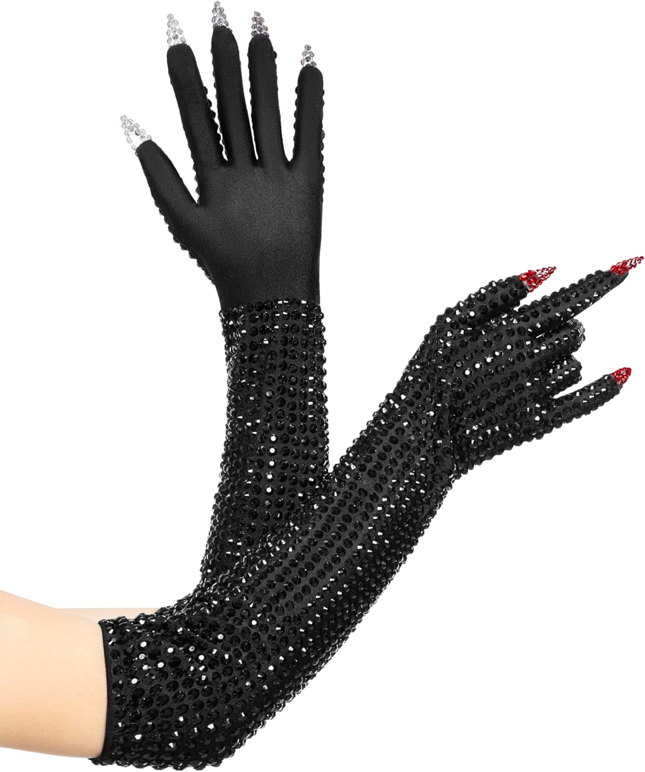 Long Black Sparkly Gloves with Rhinestone Embellishments Red Tips Nails Costume Accessory