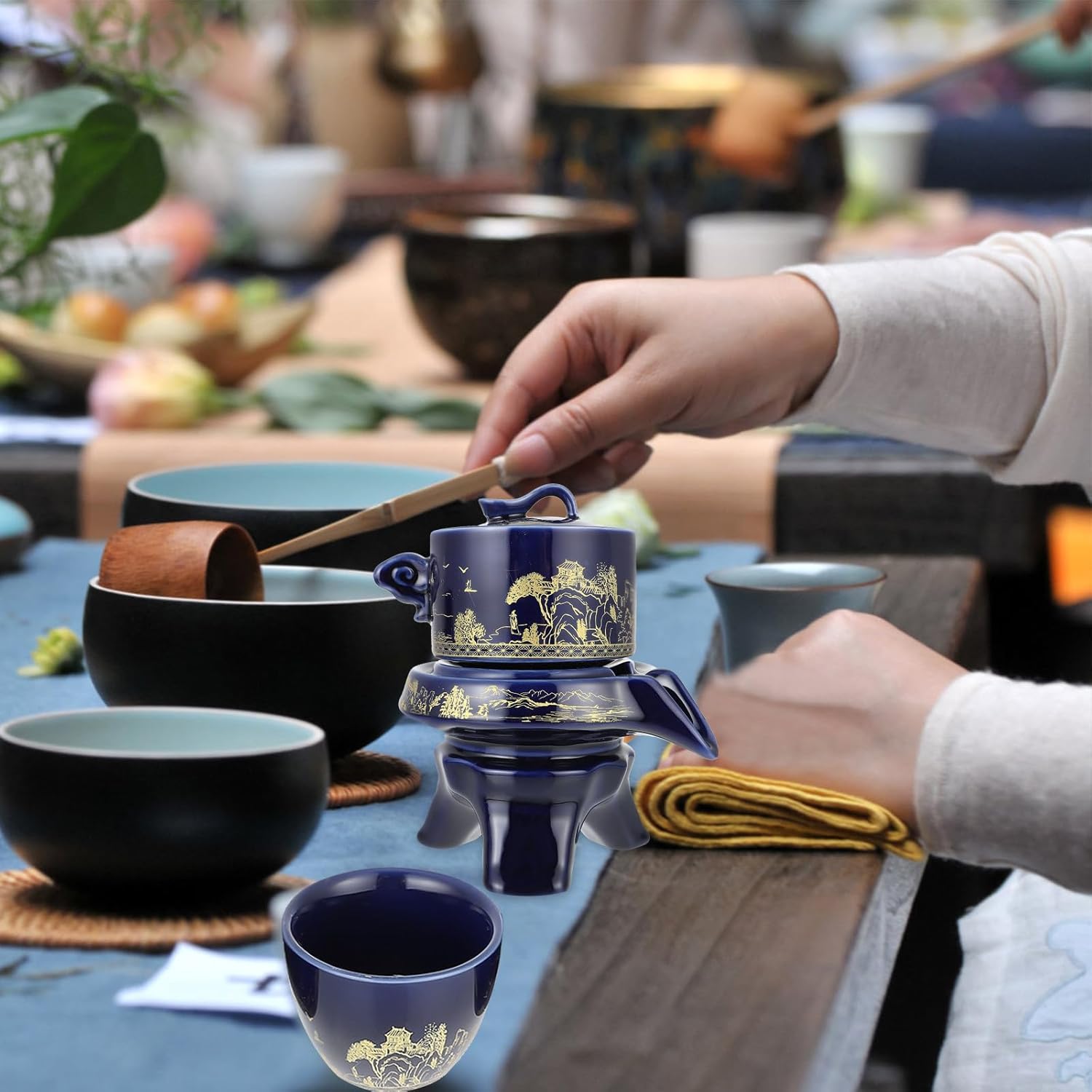 Vintage Chinese Style Tea Set Blue Kung Fu Teapot and Teacup Home and Office Antique Ceramic Tea Service with Mountain Landscape Pattern
