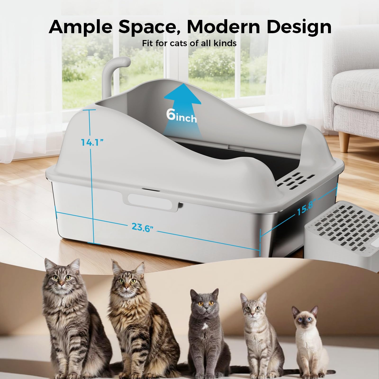 GTPLAYER XL Stainless Steel Cat Litter Box for Big & Multiple Cats, Easy Clean Odor-Resistant Design, High Sided Leak-Proof Litter Box with Mat & Scoop – Dark Grey - image 2