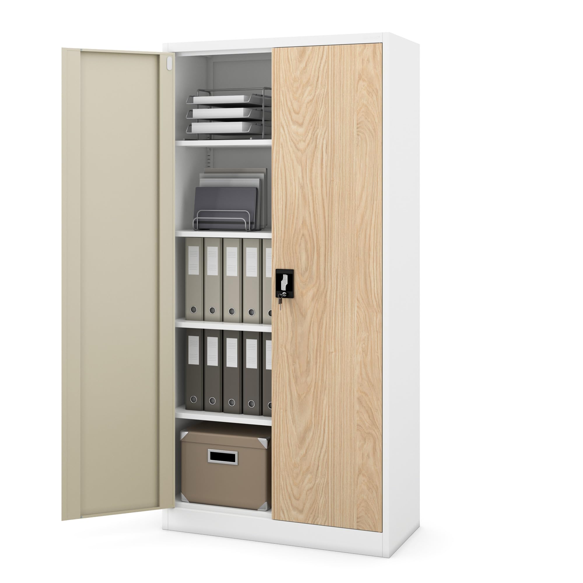 Jan Nowak Armoire de Bureau métallique 4 étagères tôle d'acier revêtement en Poudre 185 cm x 90 cm x 40 cm (Blanc/Imitation Bois)