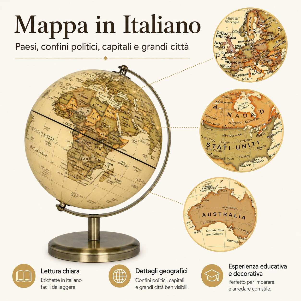 Exerz Mappamondo Antico 14cm Mappa Italiana Supporto Metallo Bronzo | Compatto per scrivania studio e libreria con finitura ideale per bambini adulti casa ufficio e regali Globo Terrestre Antico