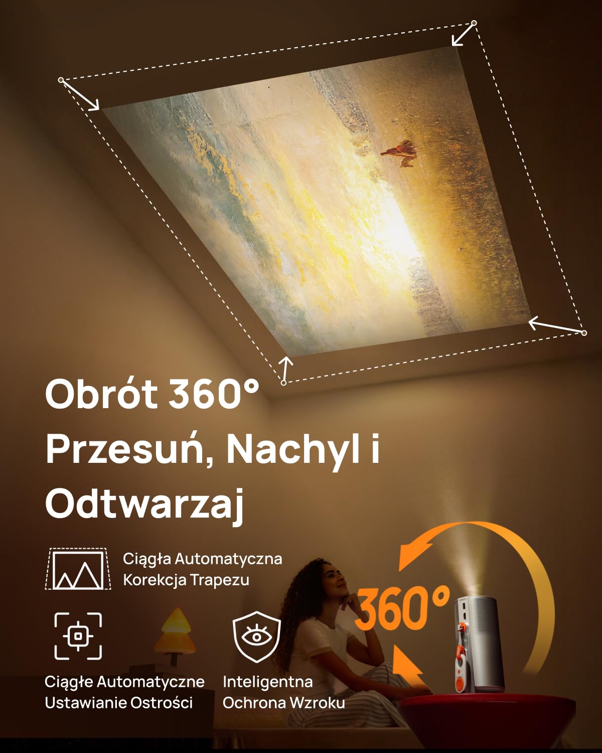 XGIMI MoGo 4 Mini Przenośny projektor 1080p Google TV | 450 ISO, 2.5h baterii,Netflix, 360° obrot, 2×6W HK, HDR10, 40-200", bateria 2.5h. Do domu, podróży i na kemping.