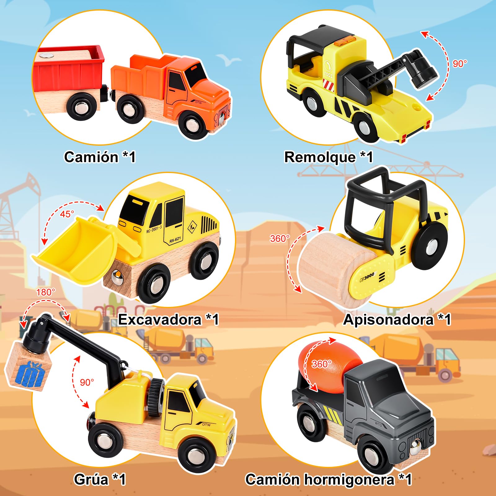 Buzzoxerex Vehiculos Construccion Juguete de Madera Niños, Magnético Vehículos con Grúa Pórtico, Excavador, gruas, Camión Remolque, Rodillo Camino, Bulldozer, Regalo para Niños Mayores de 3 años