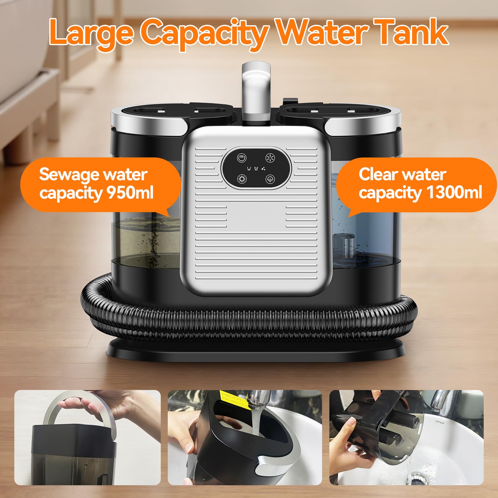 Lavatappeti Portatile, 1650W Aspirapolvere Pulitore di Tappeti con Cinque Modalità di Decontaminazione, 13Kpa Lava Divano ad Acqua a Secco Umido con 2 Serbatoi D'acqua Rimovibili