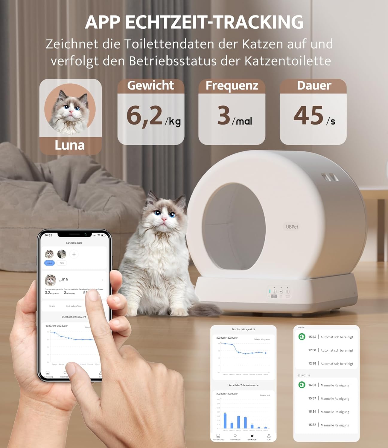 Smartphone displaying UBPET app with cat weight and activity tracking data