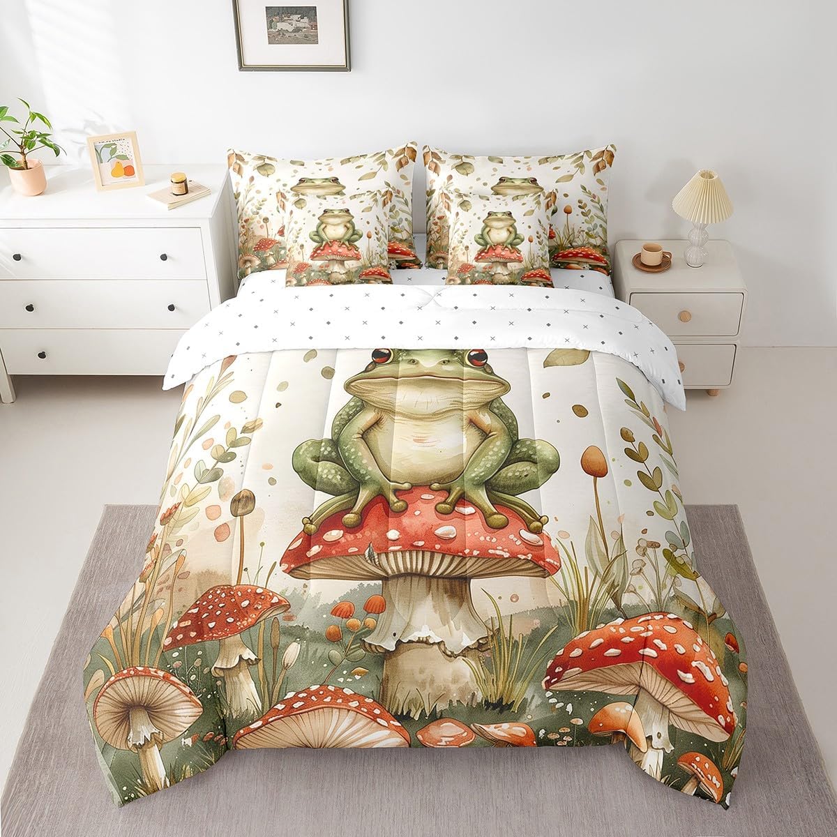 jejeloiu Frog Comforter Set 7 Pieces Full Size Cute Mush Bed in a Bag Adult 3D Digital Print Tropical Amphibian Fall Leaves Bedding Set All Season Green Bed Set with Comforter, Sheet Set, Pillowcases