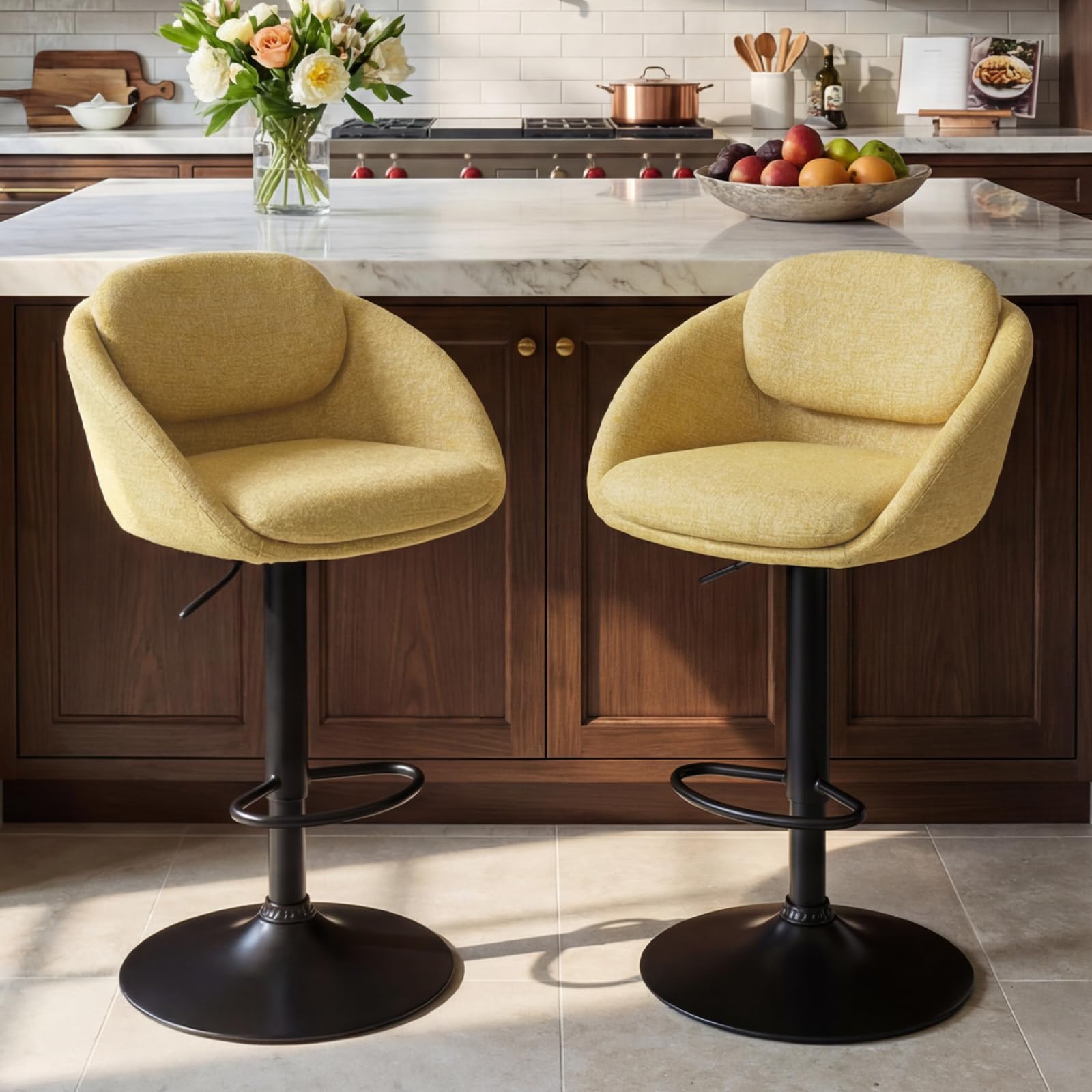 Ya-Home Tabouret de Bar Moderne Pivotant Lot de 2, Jaune | Chaises de Bar en Chenille, Chaise Haute Cuisine Réglable en Hauteur, Tabouret Haut avec Dossier Courbé