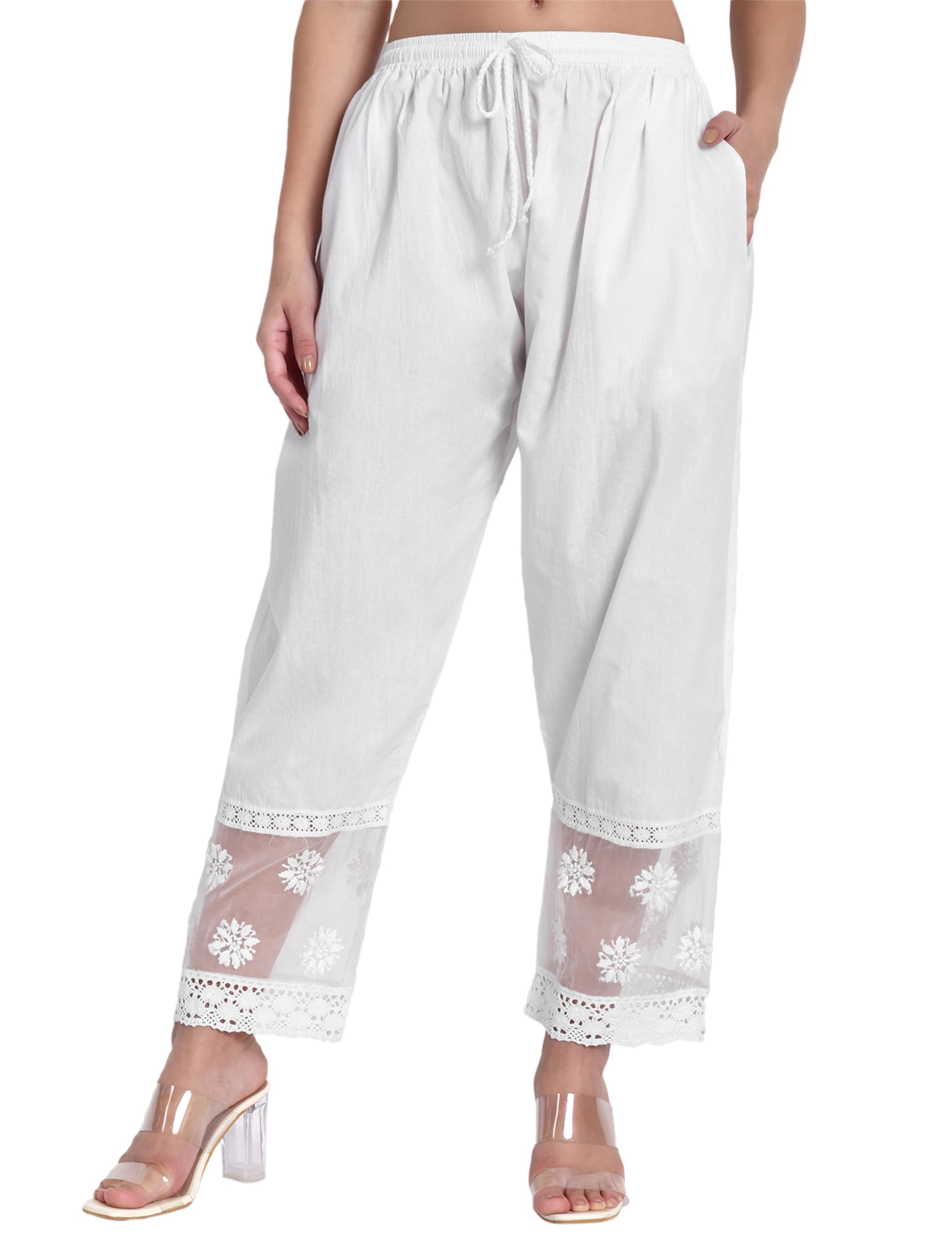 Hand Embroidered Chikankari Palazzo Pants Salwar for Women Pure Cotton White-image-9