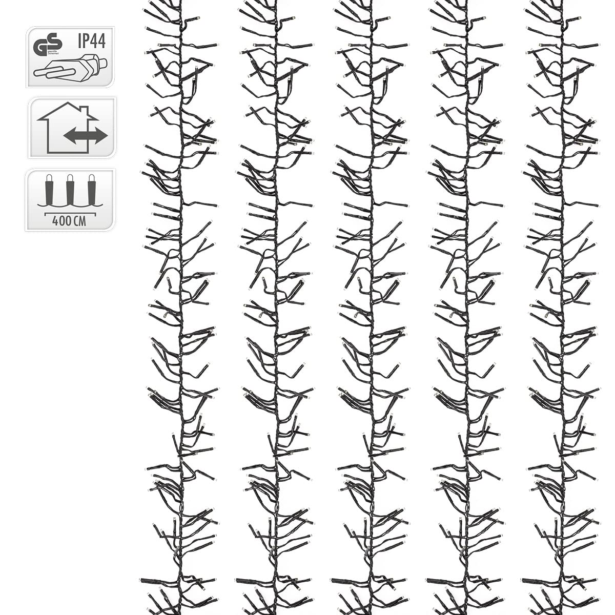 ECD Germany Catena Luminosa a LED 4 m 576 LED Luce Bianca Calda Cavo Alimentazione 3 m Grado di Protezione IP44 per Interni Esterni Decorazione di Natale Albero di Natale