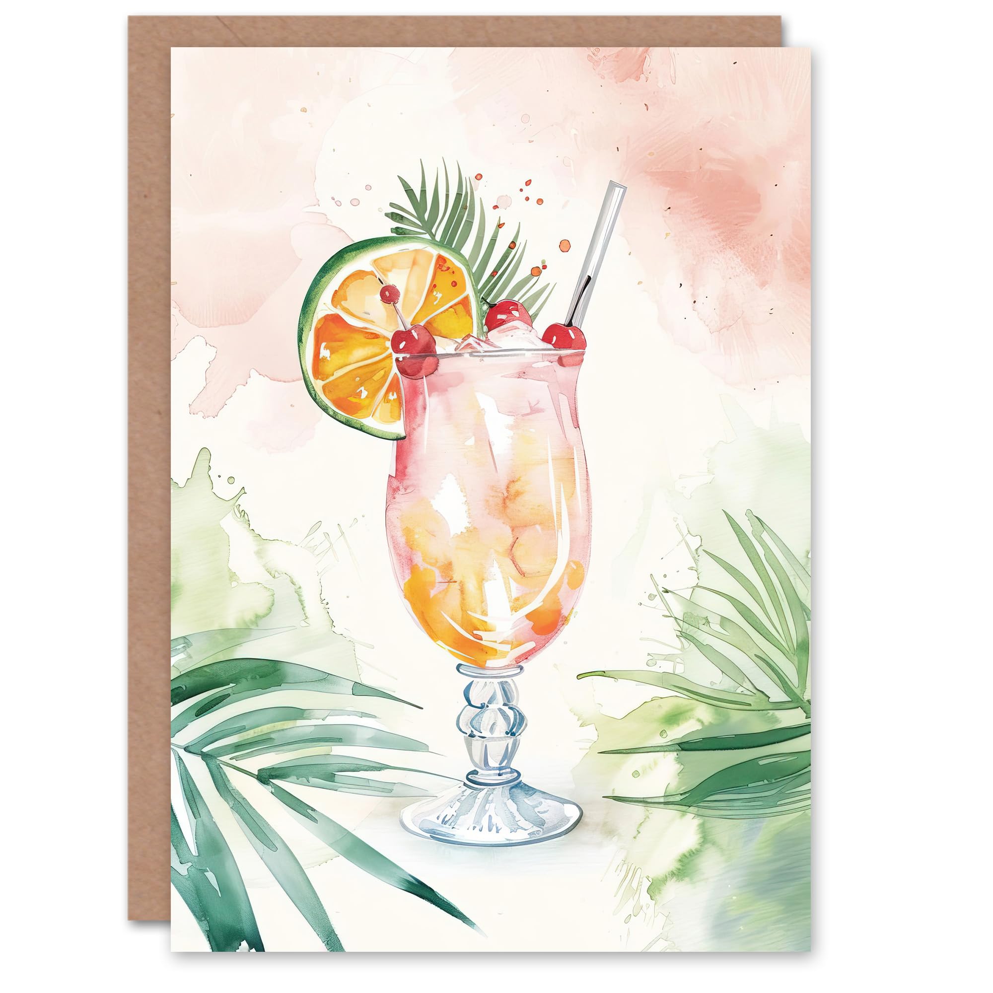 Artery8 Greeting Card Tropical Mai Tai Cocktail Modern Watercolour Blank For All Him Or Her Art Birthday Card
