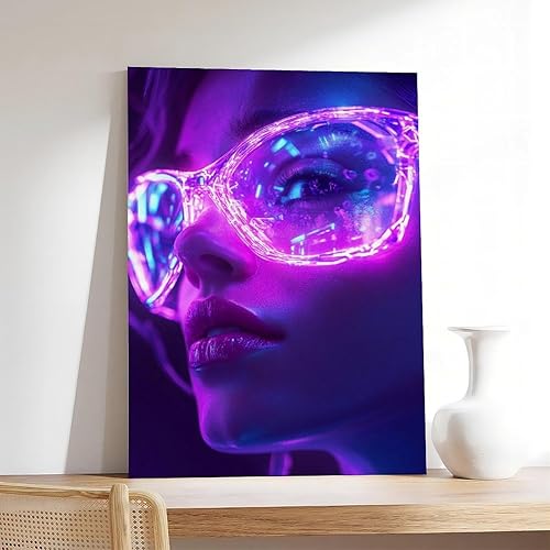 Miniatura 7 de ZMLIS Cyberpunk Neon Portrait Wall Art  Retro Futuristic Abstract Canvas  Vibrant Purple Pink Blue Home Decor Poster for Room Aesthetics Canvas Wall