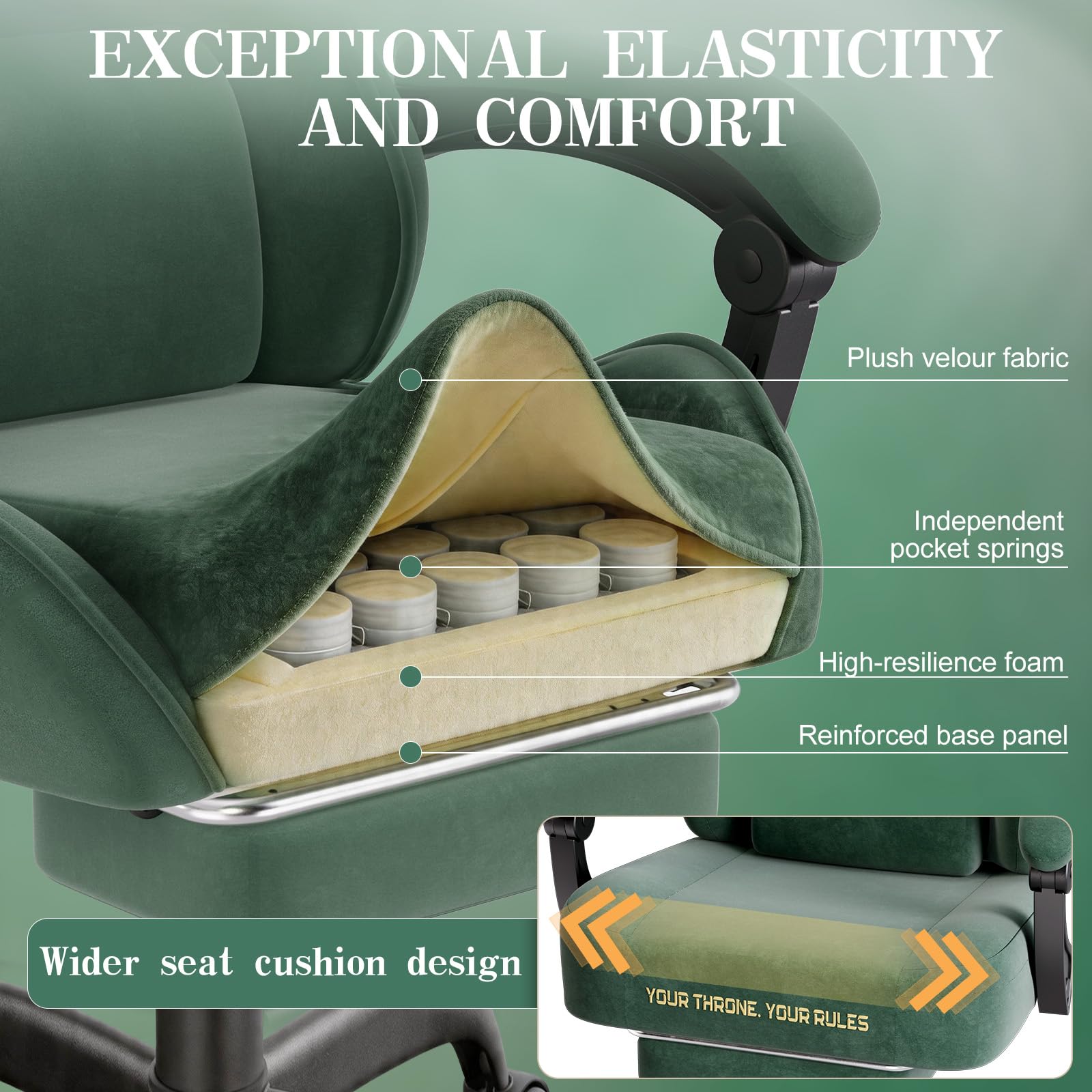 Verdego Chaise Gaming Ergonomique, Fauteuil Gaming avec Support Lombaire Massante, Repose-Pieds Télescopique, Appui-Tête, Tissu Velours, Inclinable 125°, Chaise Gamer Réglable en Hauteur (Vert)