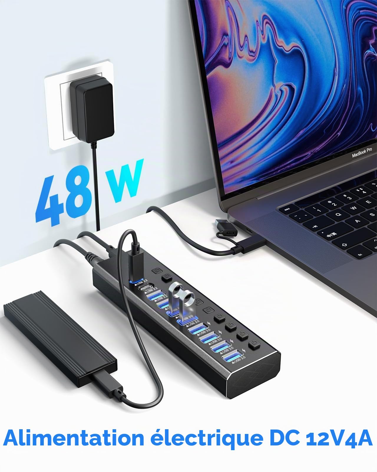 Powered Hub USB 3.2, hub 10 Ports 3.2/USB-C (10 Gbps A 3.2 + 2 C + 7 3.0 Ports) avec interrupteurs Marche/arrêt individuels et Adaptateur d'alimentation 12 V, Protection en Aluminium