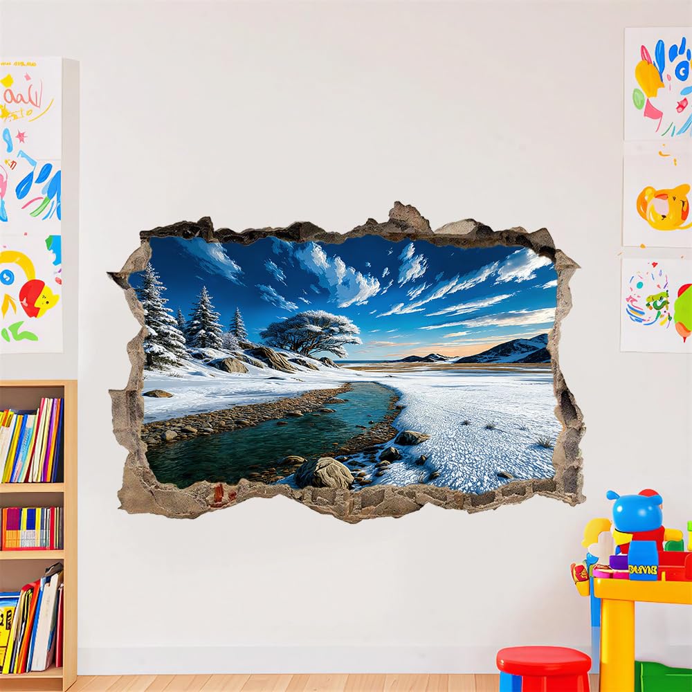 Wandtattoo 3D Durchbruch Fluss Wandsticker Wanddekoration selbstklebend Winterliche Naturlandschaft Wandaufkleber Deko Schlafzimmer Wohnzimmer Kinderzimmer Kunst Wohnkultur Wandbilder