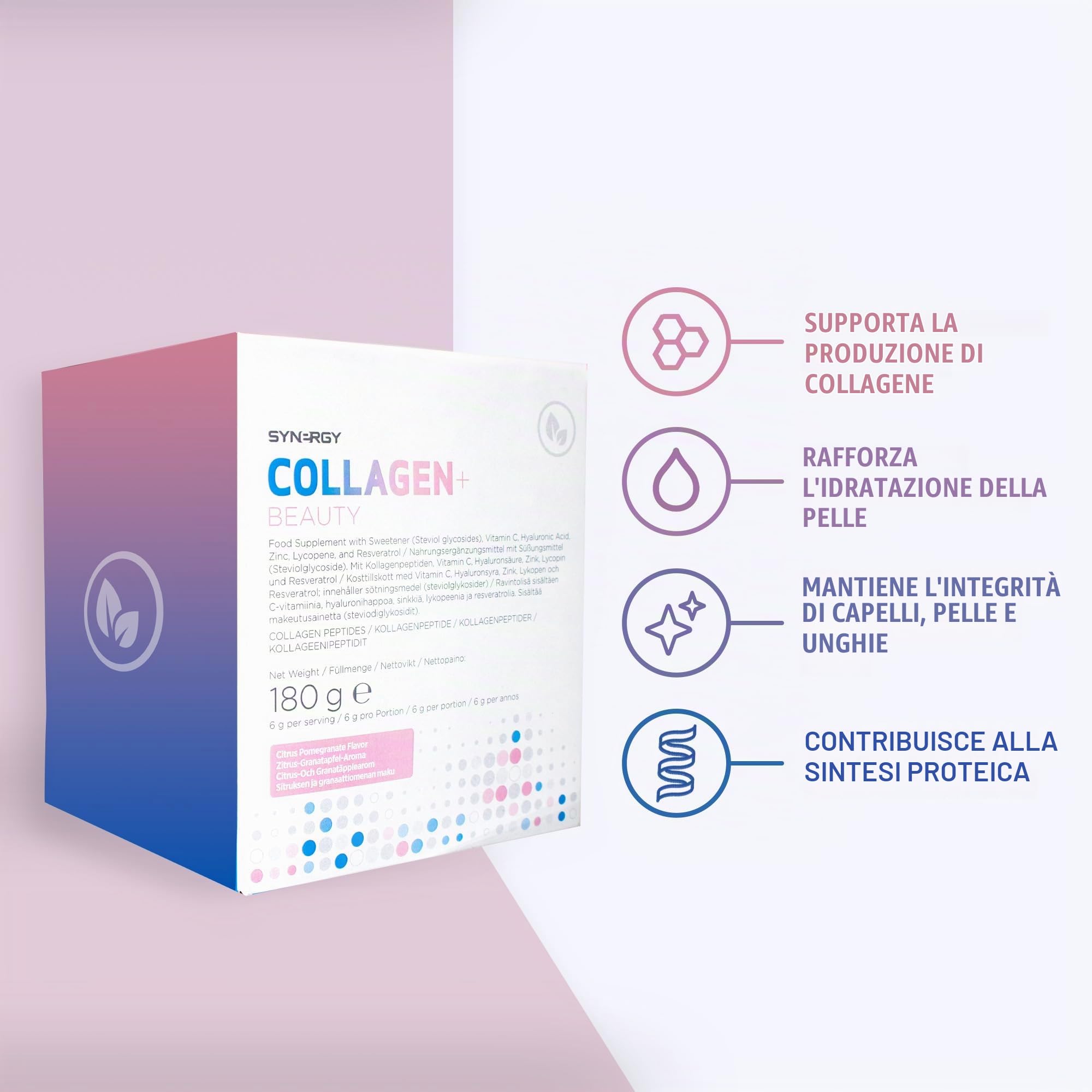 Synergy Worldwide Collagen+ Beauty 180g | 5000mg Collagene Marino | Acido Ialuronico, Resveratrolo, Vitamina C e Zinco | Pelle, Capelli, Unghie e Articolazioni | 30 Porzioni