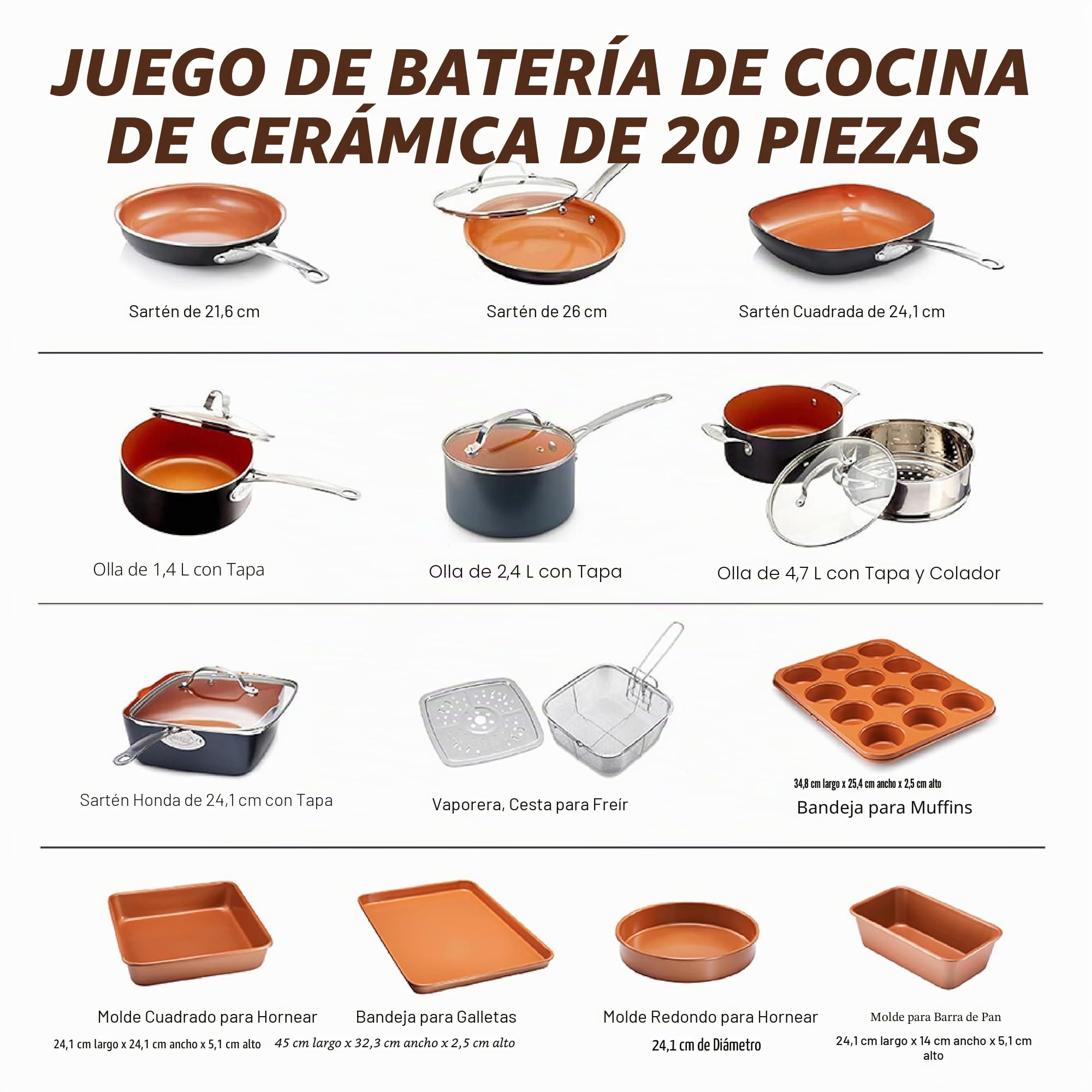 GOTHAM STEEL - Juego completo de ollas y sartenes de 20 piezas, utensilios de cocina y utensilios para hornear, Revestimiento de cobre cerámico antiadherente