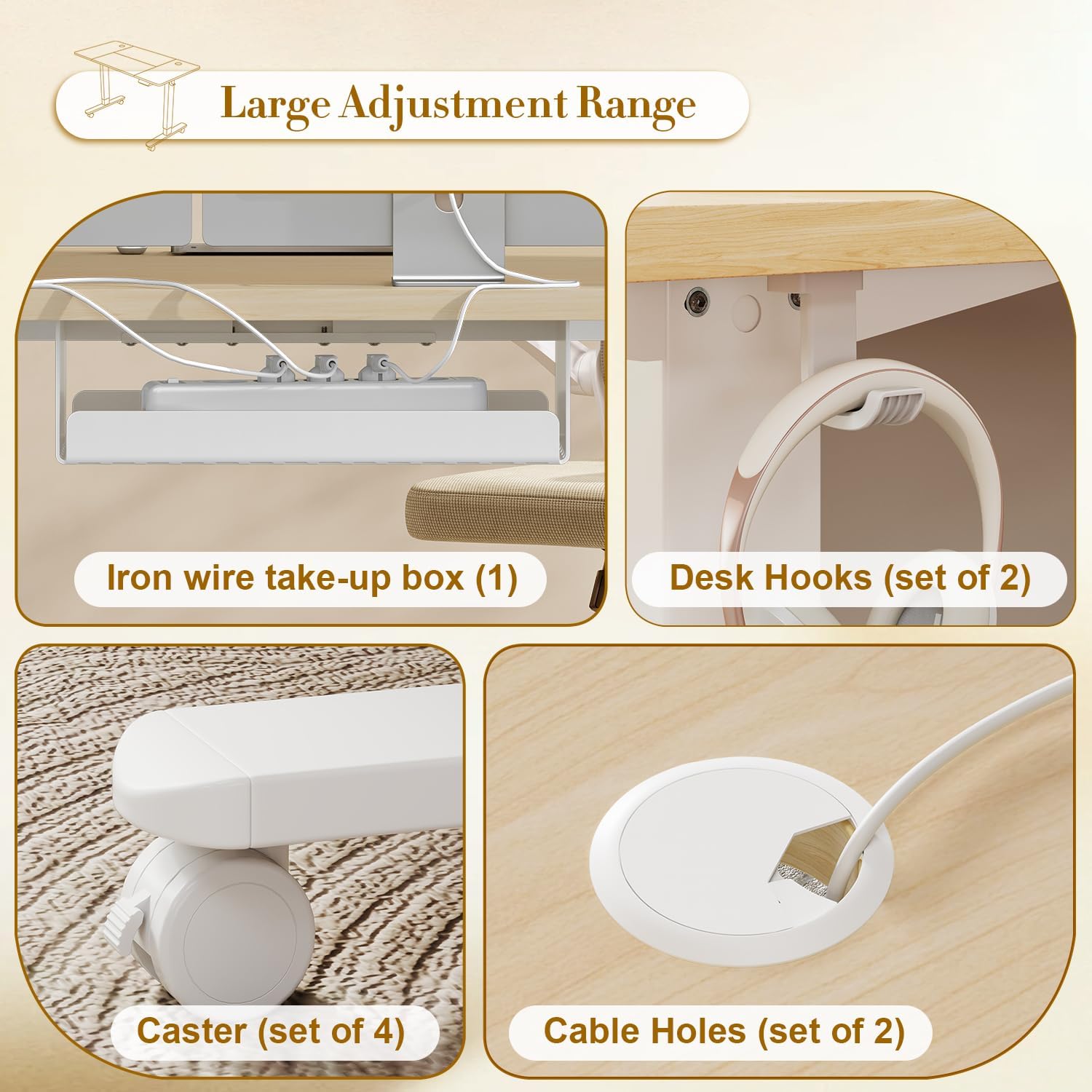 Airfish Desk accessories including cable management, desk hooks, and casters