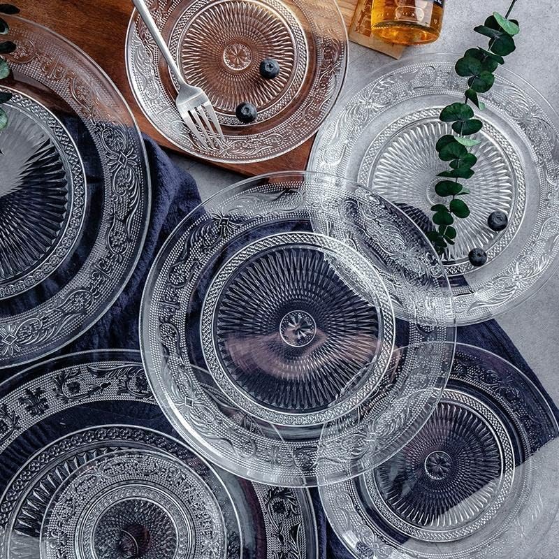 Image of Glass Dinner Plate, 7 Inch Large, Serving Plate Salad Fruit Pasta Snacks Tray Crystal Decoration, Vintage Embossed Dinnerware for Catering Event, Parties, Home B'day Wedding (Set of 6)