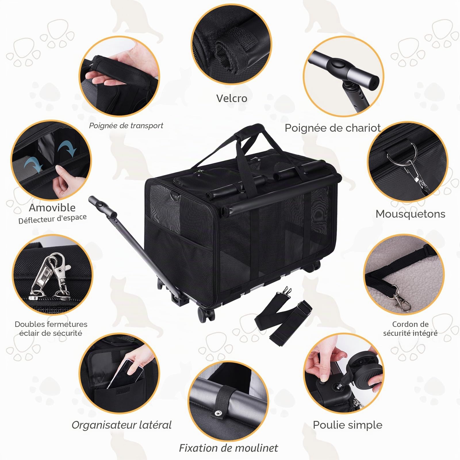 Sac de Transport Portable Double Compartiment pour Animaux à roulettes, Chariot de Voyage avec Poignée et Poches Rangement, Respirant et Confortable, avec Accessoires Bonus - Noir