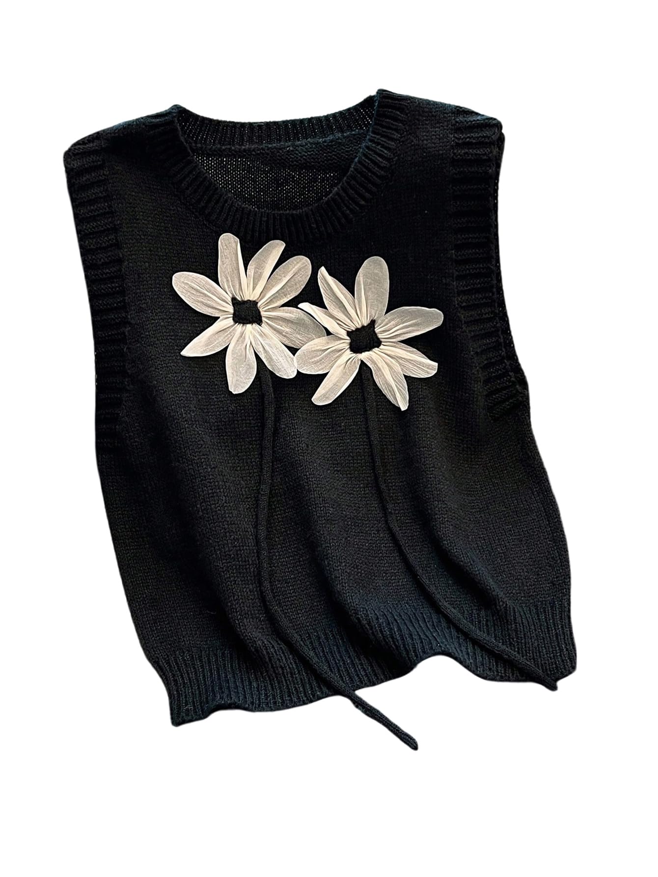 Verdusa Womens 3D Floral Sweater Vest Sleeveless Crew Neck Lightweight Knitted Tank Top Black Large
