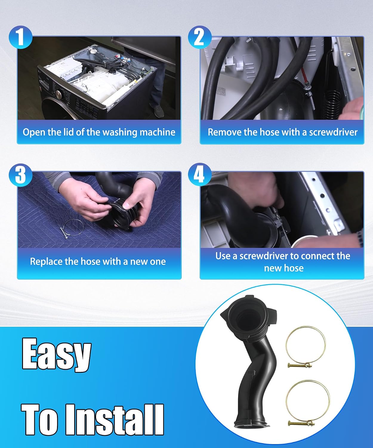 4738ER1004B Washer Dispenser Hose with Clamps Compatible with LG Kenmore,Replace AP4436600 1267576 AH3523347 EA3523347 PS3523347 AND more.