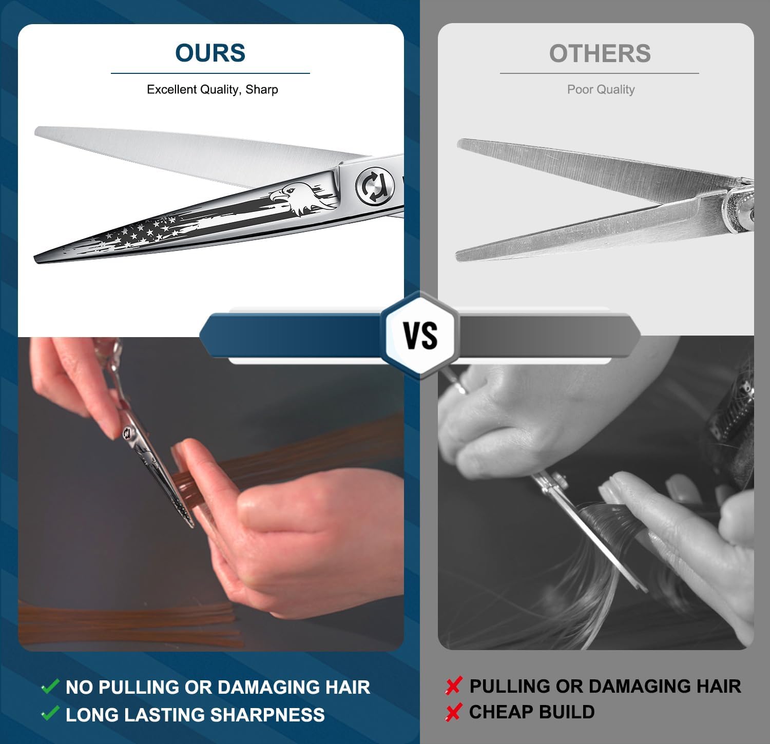 Hair Cutting Scissors Professional, 6" Barber Scissors, Hair Cutting Shears with 440C Steel - 60HRC Hardness Extremely Sharp with Ergonomic for Salon & Home Use - Eagle - Flag Element Style