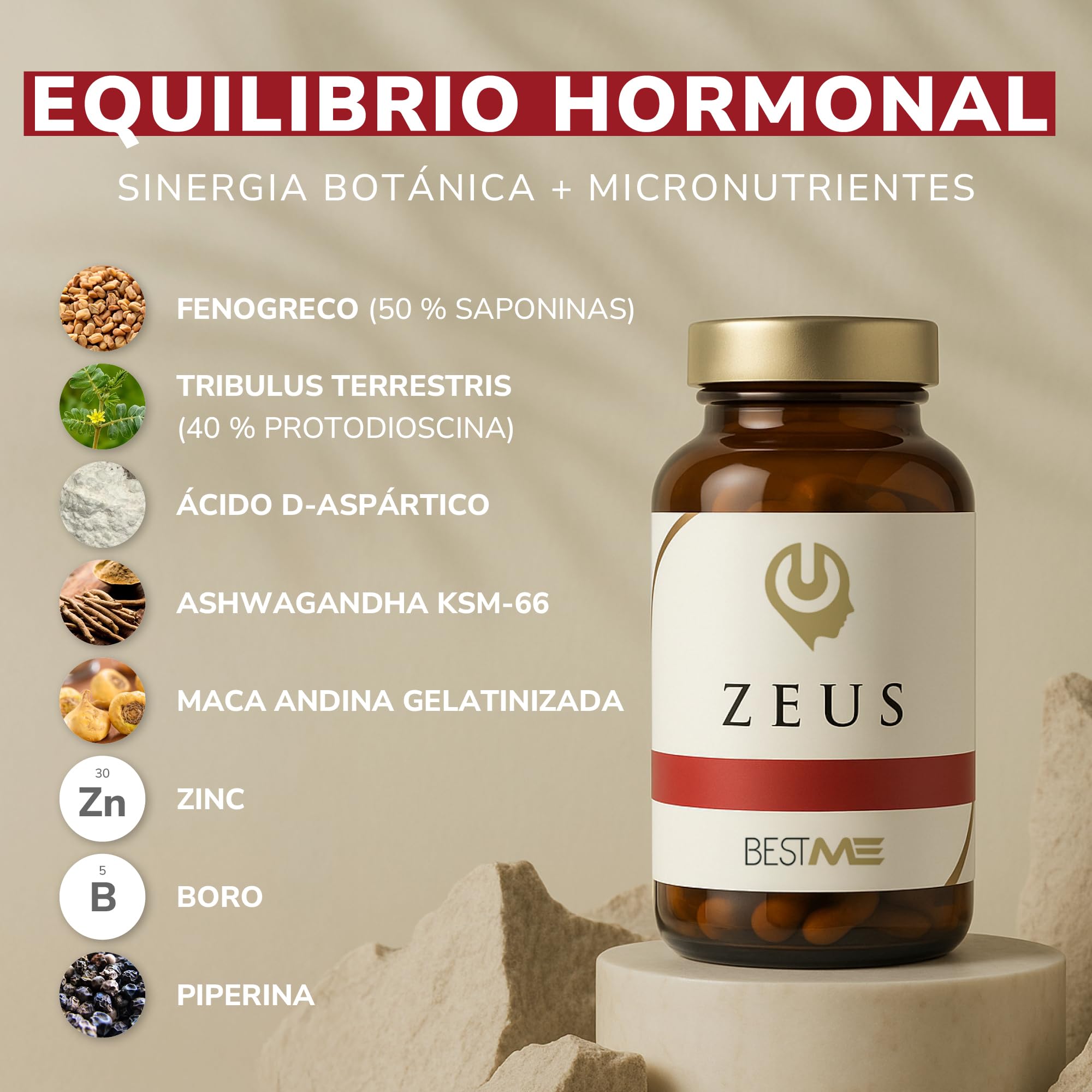 BESTME - Maca Andina, Fenogreco, Tribulus Terrestris, Ácido D-Aspártico, Ashwagandha KSM-66, Zinc, Boro y Piperina | Vitalidad, Rendimiento Muscular, Fuerza, Vigor y Energía | 60 Cápsulas (Zeus)