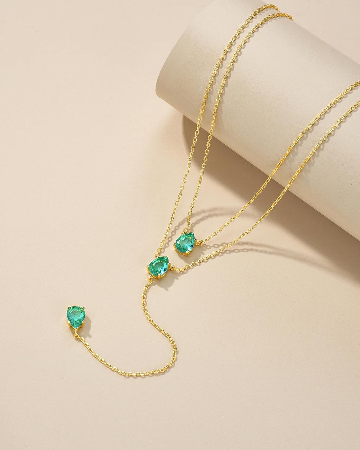 SNGIA Long 18K Gold Plated Blue Green Red Layered Pendant Necklace For Women (Emerald, Ruby, Seafoam, Sky, Sapphire, Pink), Dainty Birthstone Necklace, Statement Necklace Jewelry Gifts.