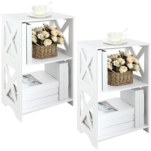 Wenqik 2 Set 3 Tier White Nightstand 23.2x15.7x9.5'' Narrow End Table with Storage Shelf Side Table Bedside 2 Shelf Small Bookshelf Bookcase Display Rack for Small Space Bedroom Living Room Office