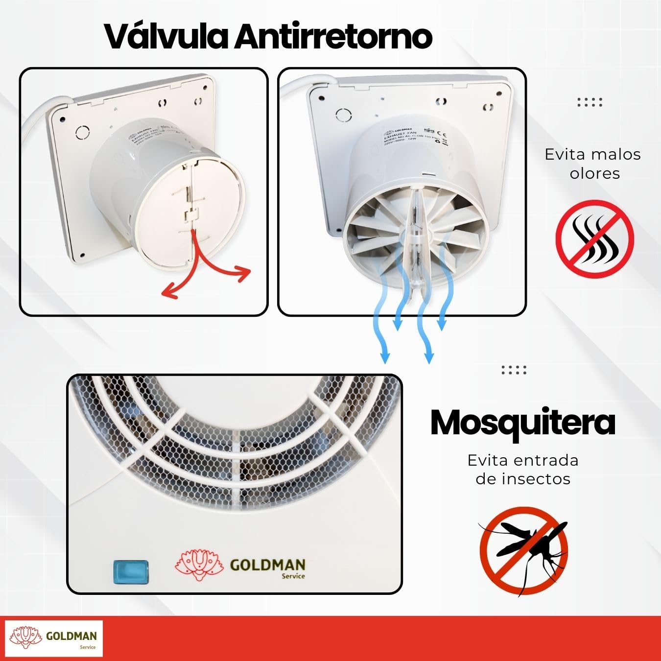 GOLDMAN SERVICE | Extractor de Baño Silencioso Ventilador Extractor de Aire Potente Anti Humedad Olores Válvula Antirretorno y Mosquitera | Diámetro: 100 milímetros 12W