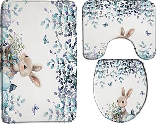 3Pcs Spring Easter Bunny Bath Mat Sets Leaves Cute Rabbits Watercolor Floral Eggs,Blue Bathroom Rugs,U-Shaped and Toilet Seat Cover