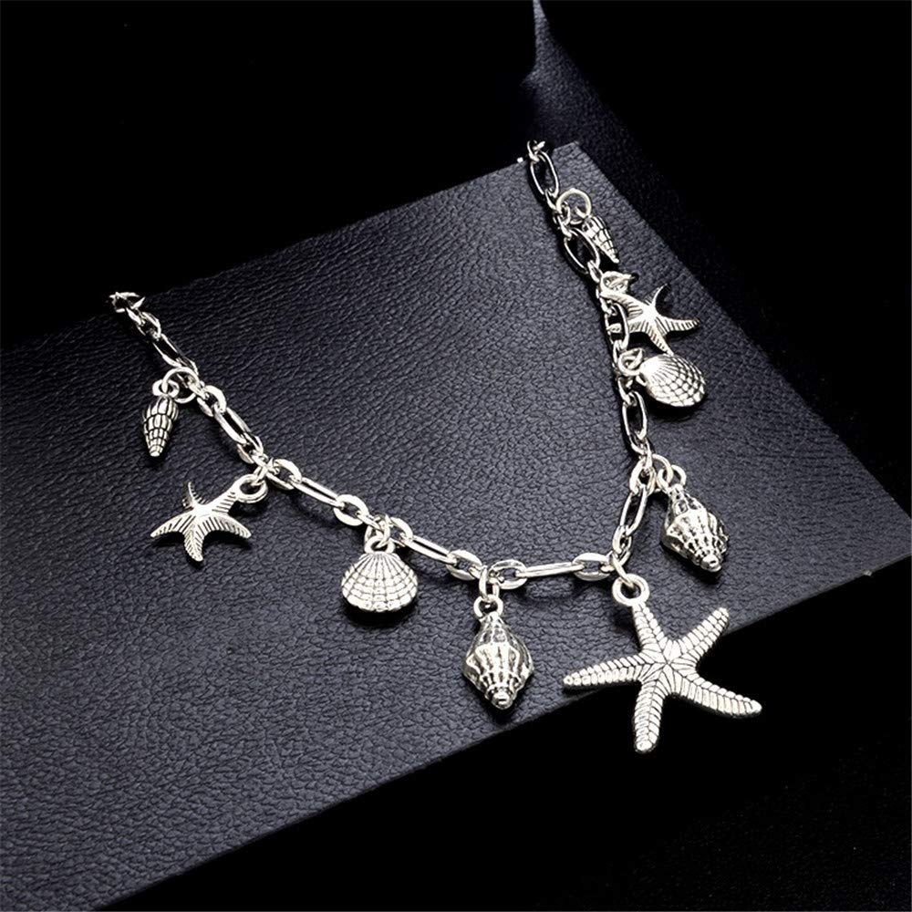 Tobillera De Playa De Verano, Tobillera De Cadena Plateada Vintage Bohemia con Colgante De Concha De Vieira De Estrella De Mar, Sandalia De Playa Encantadora De,