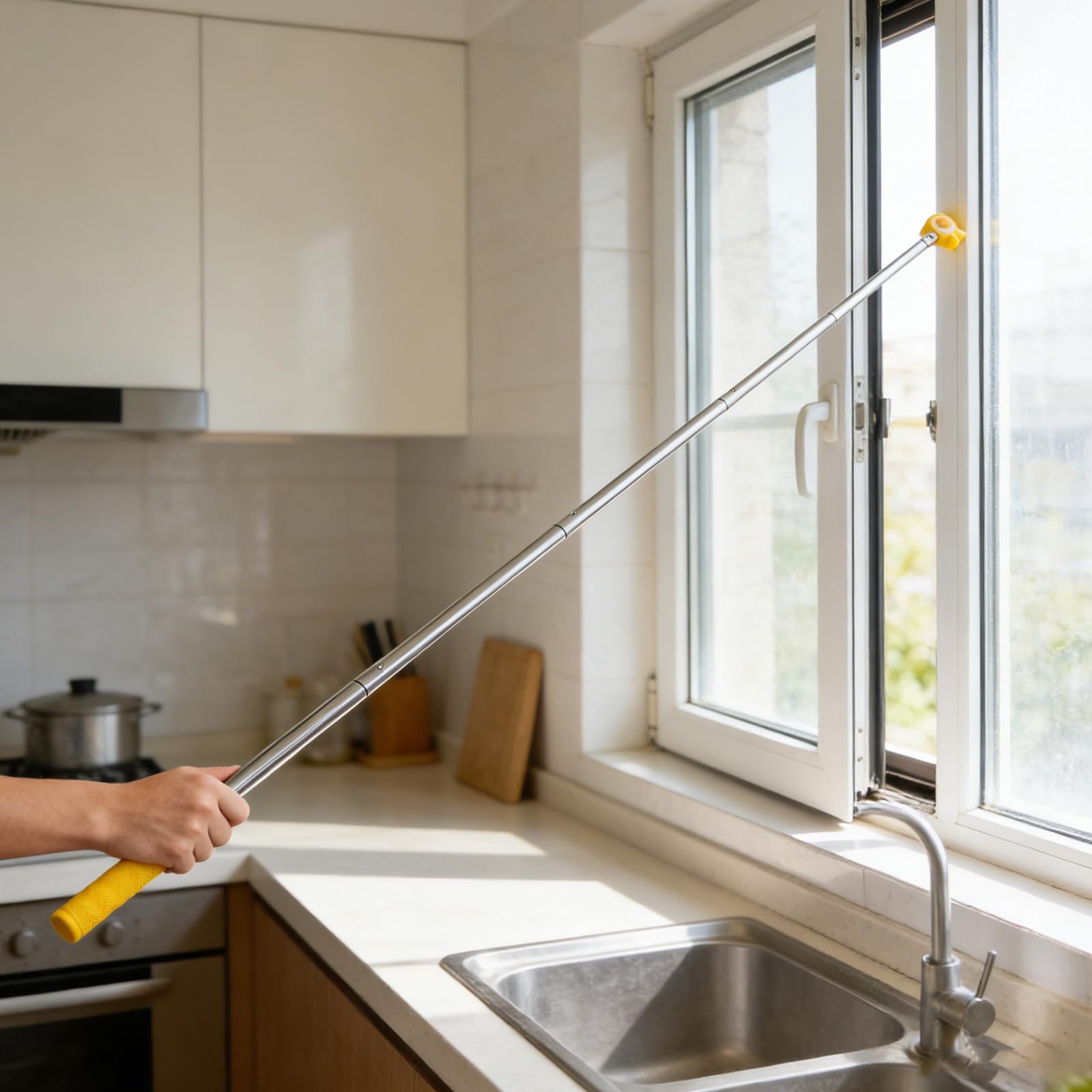 Tige télescopique pour fenêtre de toit : baguette de traction de rideau de 1,88 mètre, levier de commande d’ouverture de fenêtre – perche extensible en forme de tête de caneton pour