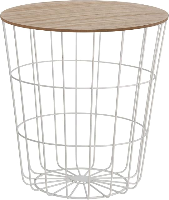 Carousel Home and Gifts Modern Storage Side Table With Lid | Round Wooden Top White Wire Bedside Occasional Side | Metal Storage Basket Table - 43cm